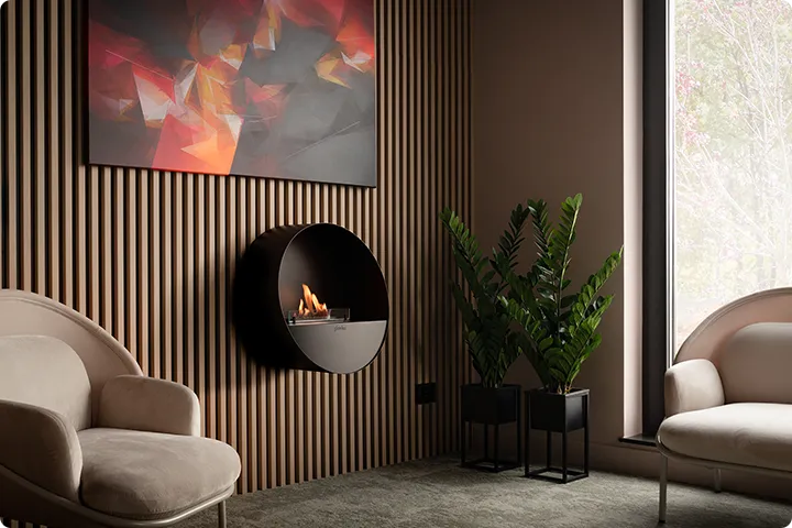 Surface wall-mounted electric fireplace in modern interior