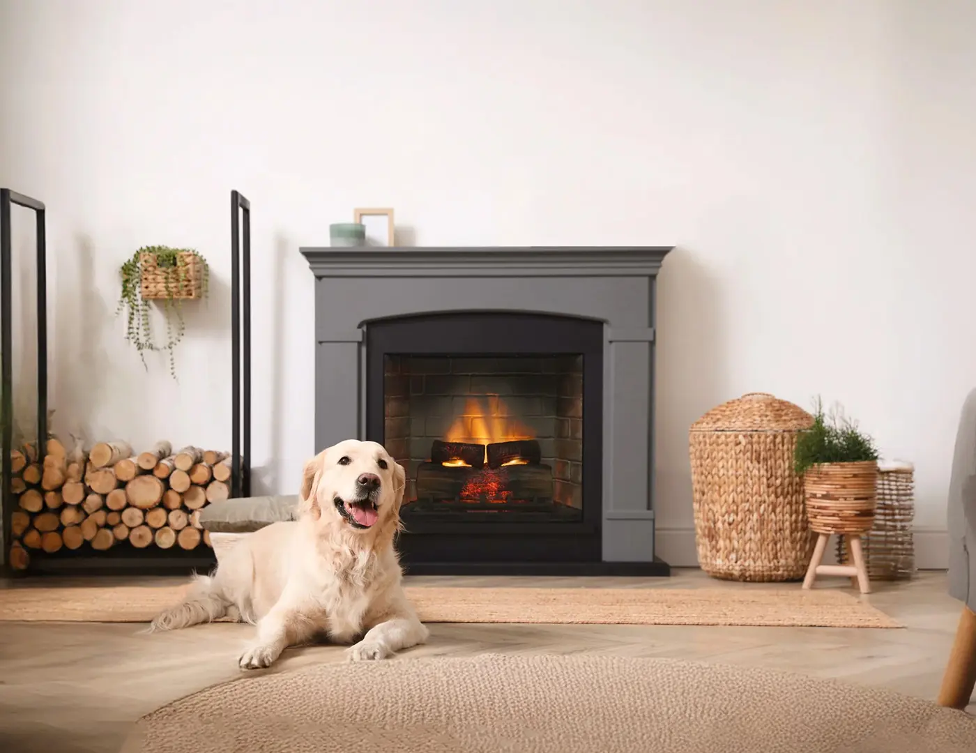 Freestanding mantel fireplace with a golden retriever dog in front of the fireplace
