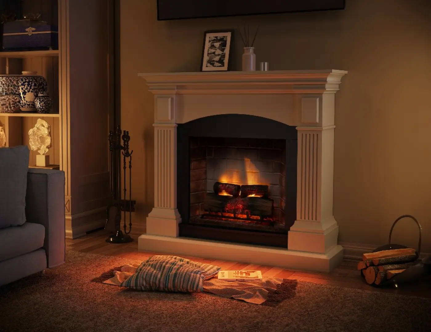 Freestanding electric fireplace in classic mantel fireplace design