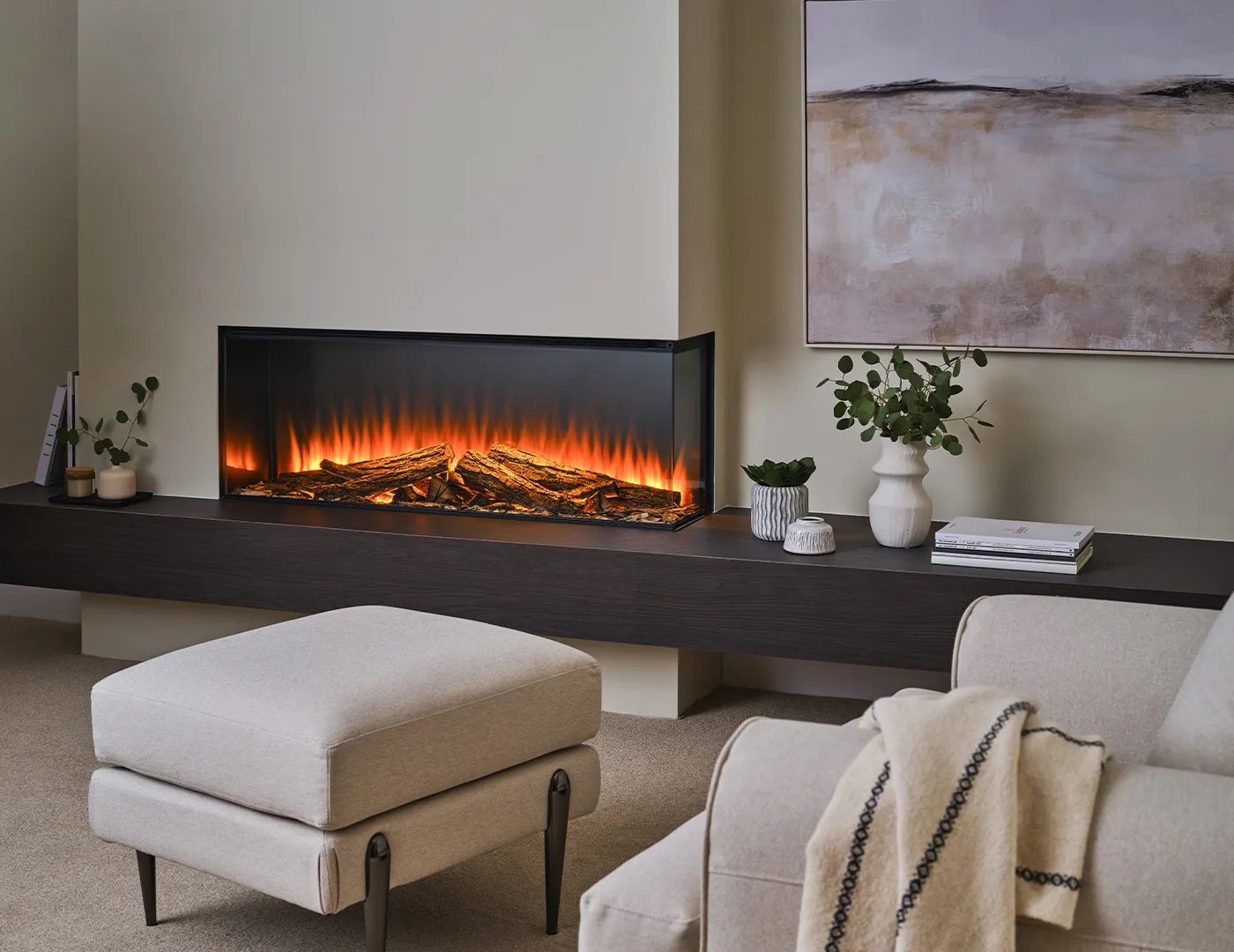 Built-in corner electric fireplace in a modern decor living room