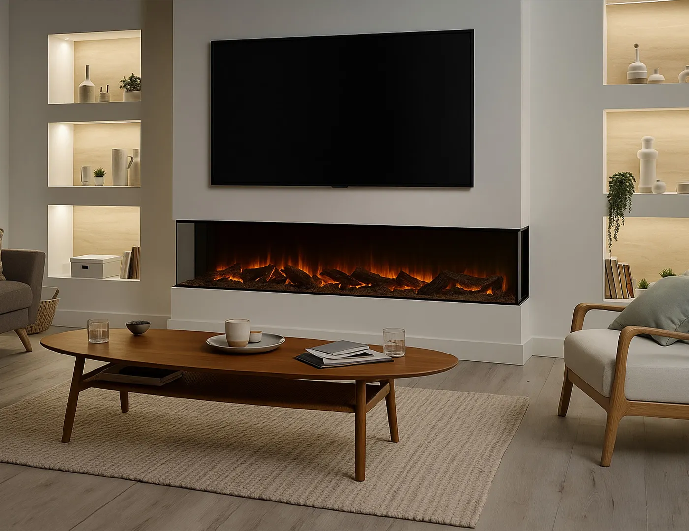 Media wall fireplace built into a wall with a television mounted above
