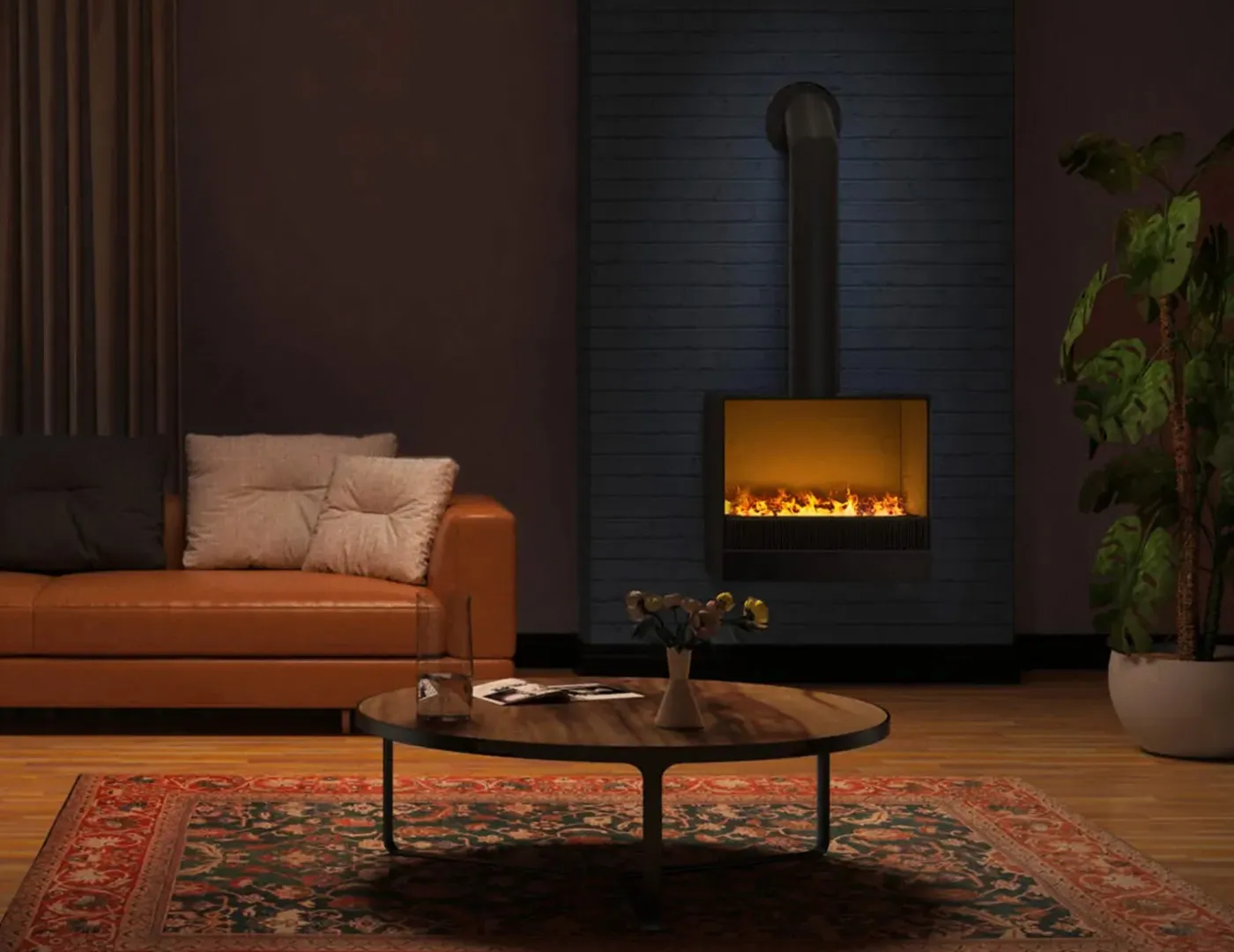 Sogno water vapour fireplace from Magic Fire in a dark living room setting