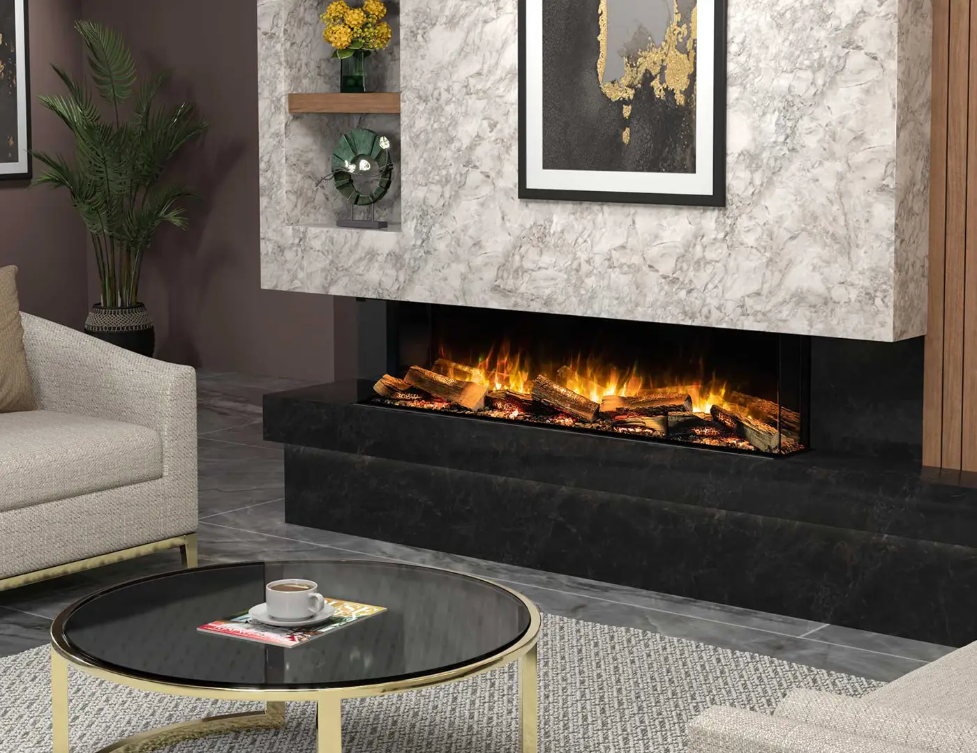 Flamerite Fires e-fx built-in electric fireplace i a living room setting