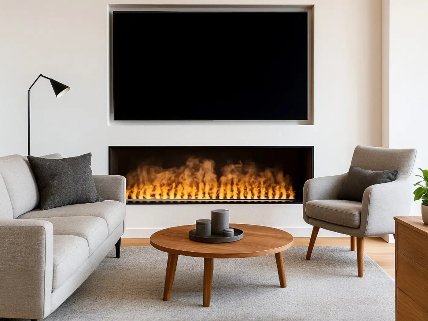 Foco Myst water vapour fireplace built into a wall below a television in a media wall
