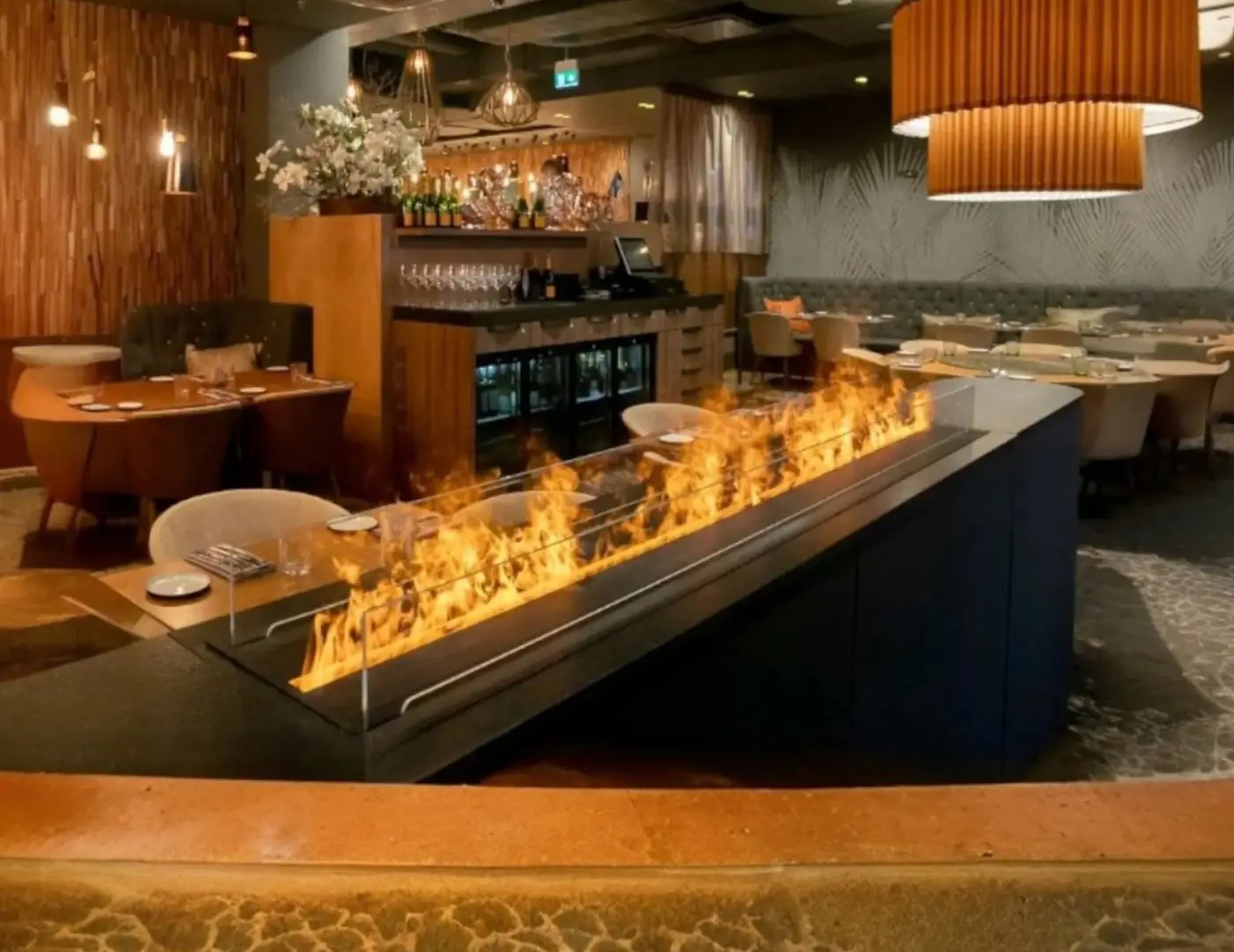 Magic Fire by Safrette water vapour burner firplace in a resturant