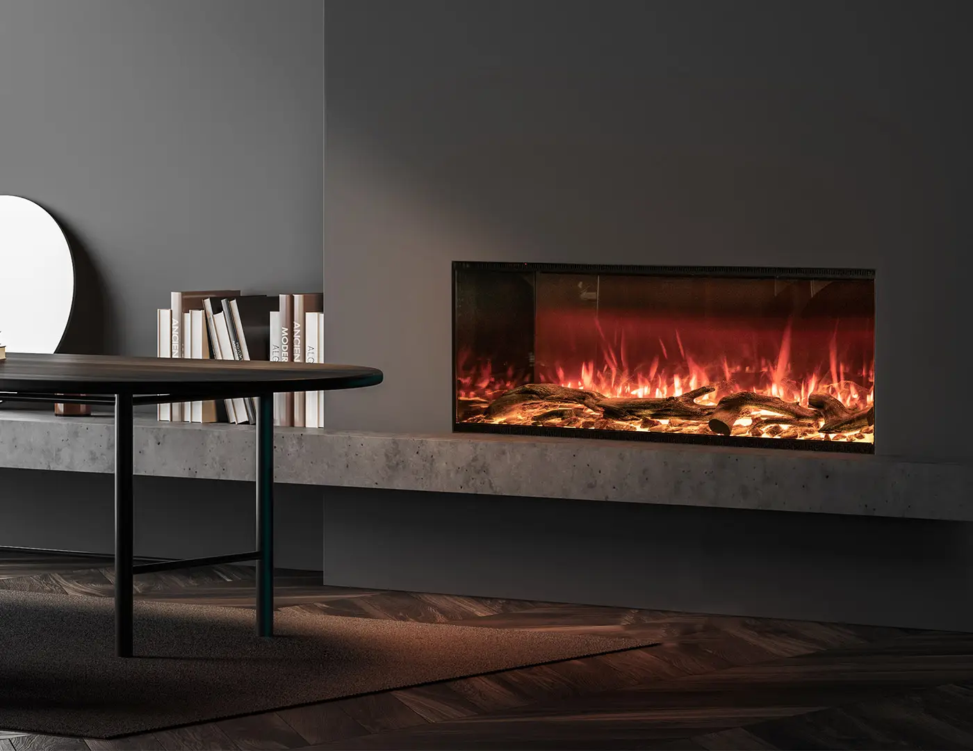 Planika Astro Built-in electric fireplace with the flams visible from the front of the fireplace