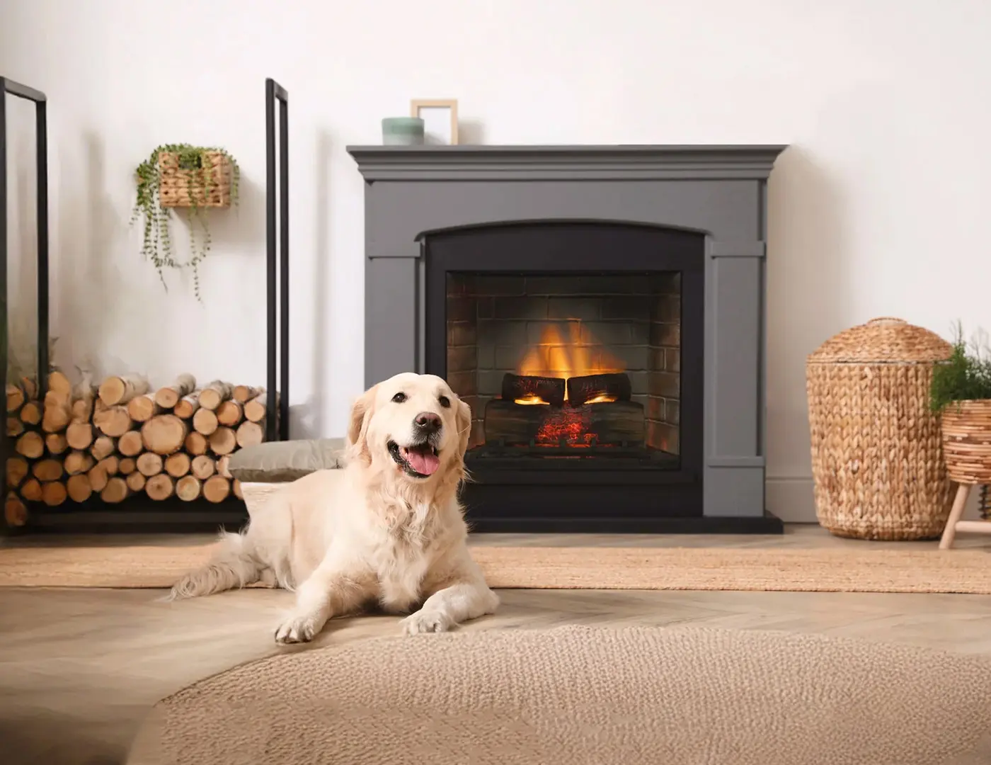 TAGU freestanding electric fireplace in a living room with a dog resting in from of the LED flames