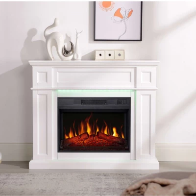 White Linz mantel electric fireplace with LED mood lighting, 23-inch insert