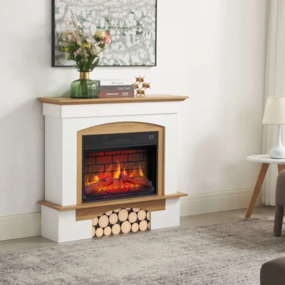 White and natural oak Woodley mantel with 23-inch electric insert