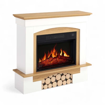 White and natural oak Woodley mantel with 23-inch electric insert