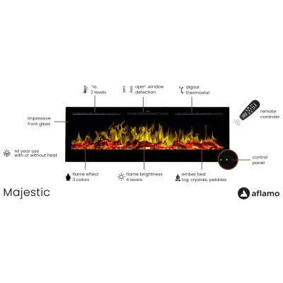 Majestic 50" wall-mounted electric fireplace by Aflamo – remote control, logs and crystals Aflamo Majestic 128 cm LED electric fireplace with black glass and decorative flame