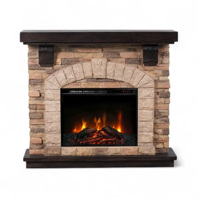 ScandiFlames Eira freestanding electric fireplace with stone mantel, brown finish