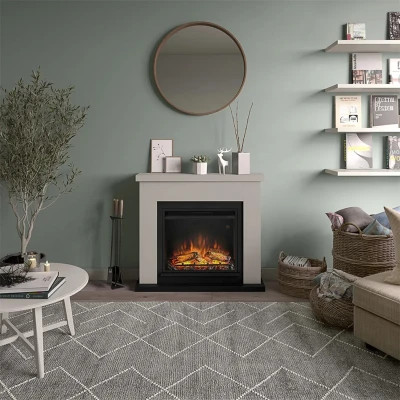 Beige electric fireplace - electric stove - with heat control and remote control