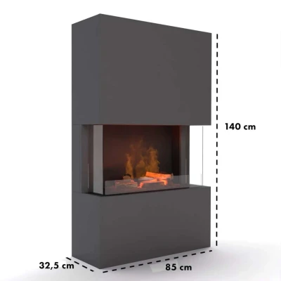 Glow Fire Tucholsky 3-sided Grey - OMC 600 | Freestanding Water Vapour Fireplace, Grey, 91 cm x 150 cm x 35 cm