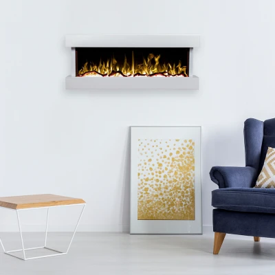 Modena White Electric Fireplace with Adjustable Heat, White, Energy-Saving LED Modena White Electric Fireplace with Adjustable Heat, White, Energy-Saving LED