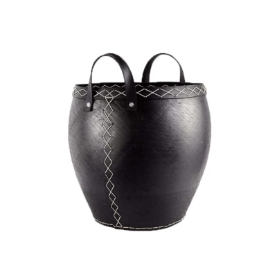 Black Firewood Bucket in Rubber with X-Stitching – Variable Surface Texture Log basket, rubber with X-stitching