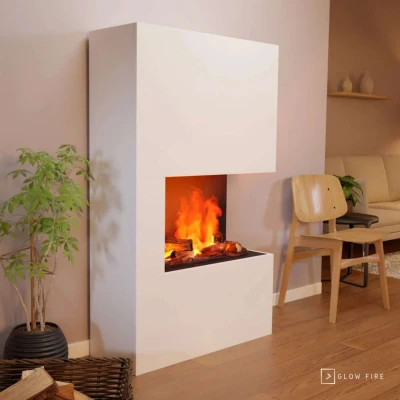 Glow Fire Tucholsky Left Corner White - OMC 600 | Freestanding Water Vapour Fireplace, White Glow Fire Tucholsky Left Corner White - OMC 600 | Freestanding Water Vapour Fireplace, White, 91 cm x 150 cm x 35 cm