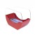 Red cradle shaped fireplace with glass panels