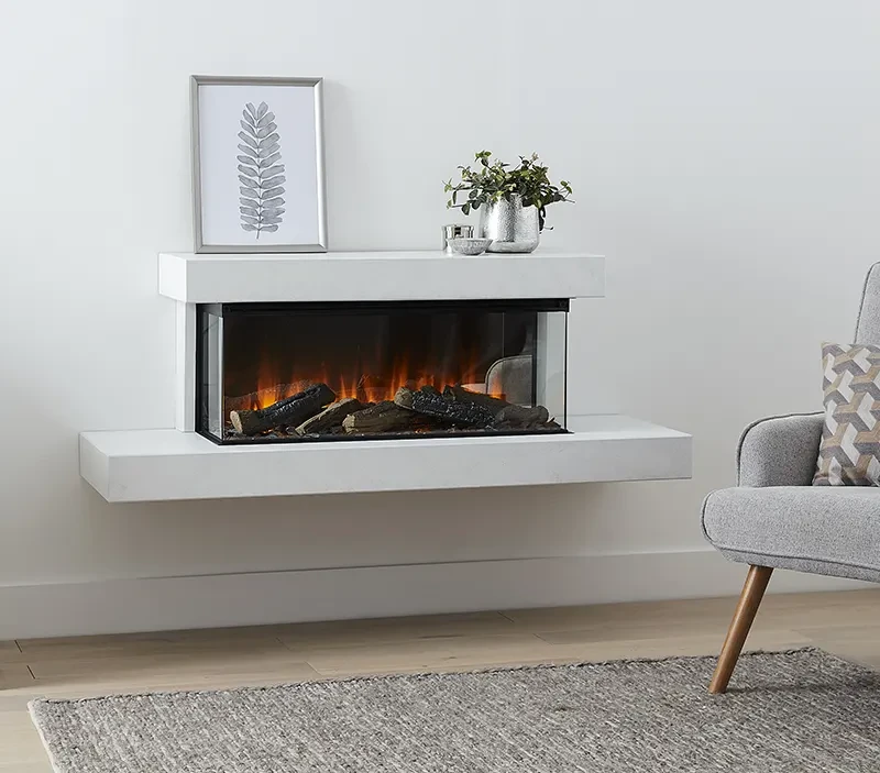 White wall-mounted electric fireplace mounted to the wall in a living room
